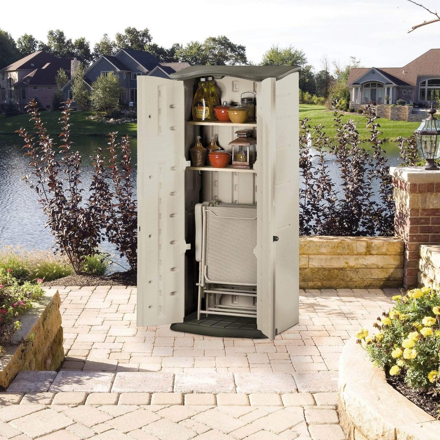 Rubbermaid Compact Vertical Resin Storage Shed With Floor (2 x 2.5 Ft), Weather Resistant, Beige/Brown, Organization for Home/Backyard/Garden Tools/Porch/Patio Cushions/Pool Chemicals/Toys - Image 5