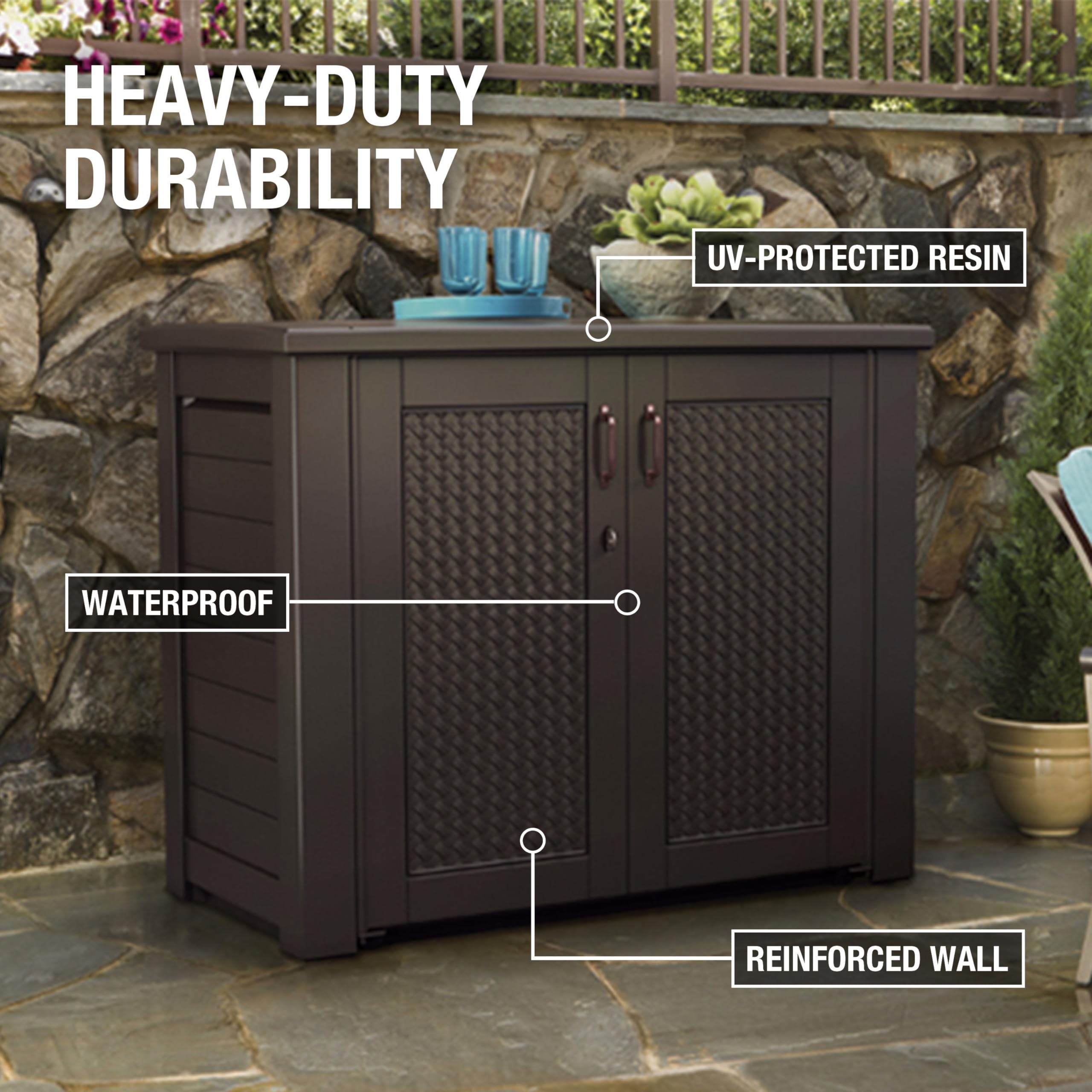 Rubbermaid Decorative Outdoor Storage Cabinet (123 Gal), Weather Resistant, Brown, Organization for Home/Backyard/Pool Chemicals/Toys/Garden Tools/Porch/Patio Cushions - Image 3