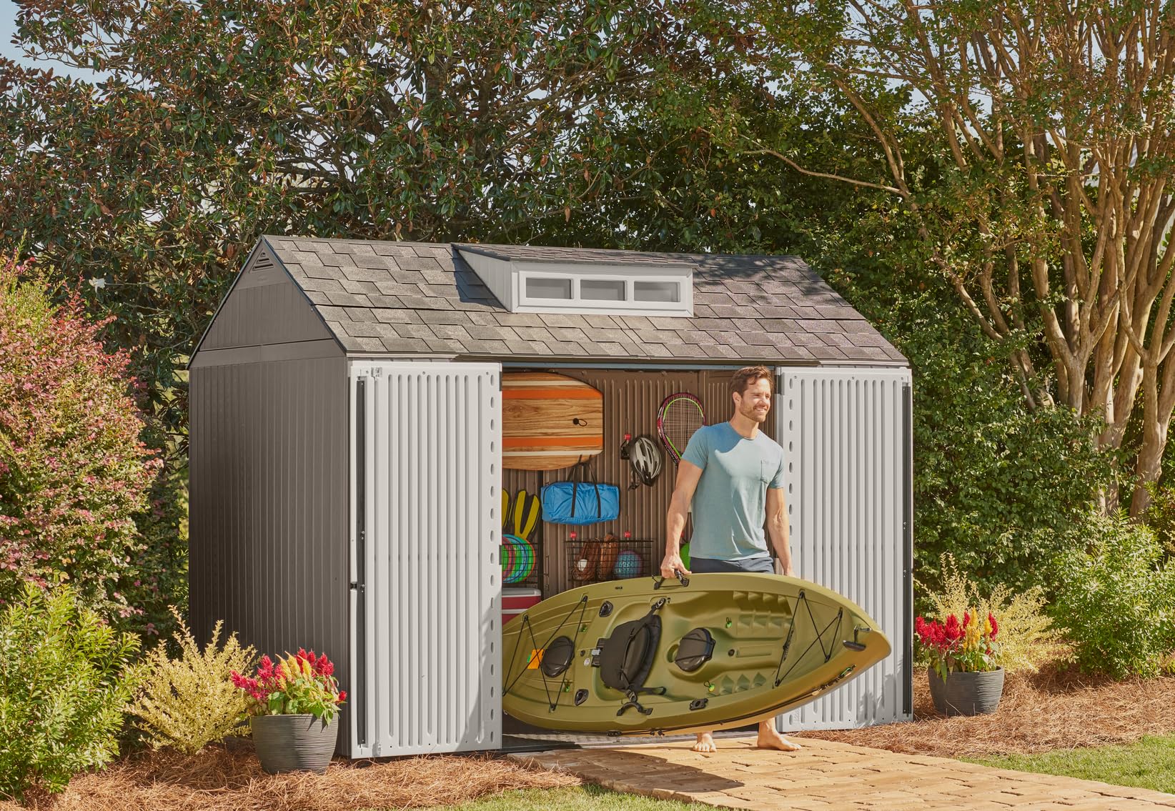 Rubbermaid Extra Large Resin Outdoor Storage Shed With Floor (7 x 10.5 Ft.) Weather Resistant Brown Organization for Home/Lawn Mower/Backyard Equipment/Bike Storage/Pool Supplies - Image 17