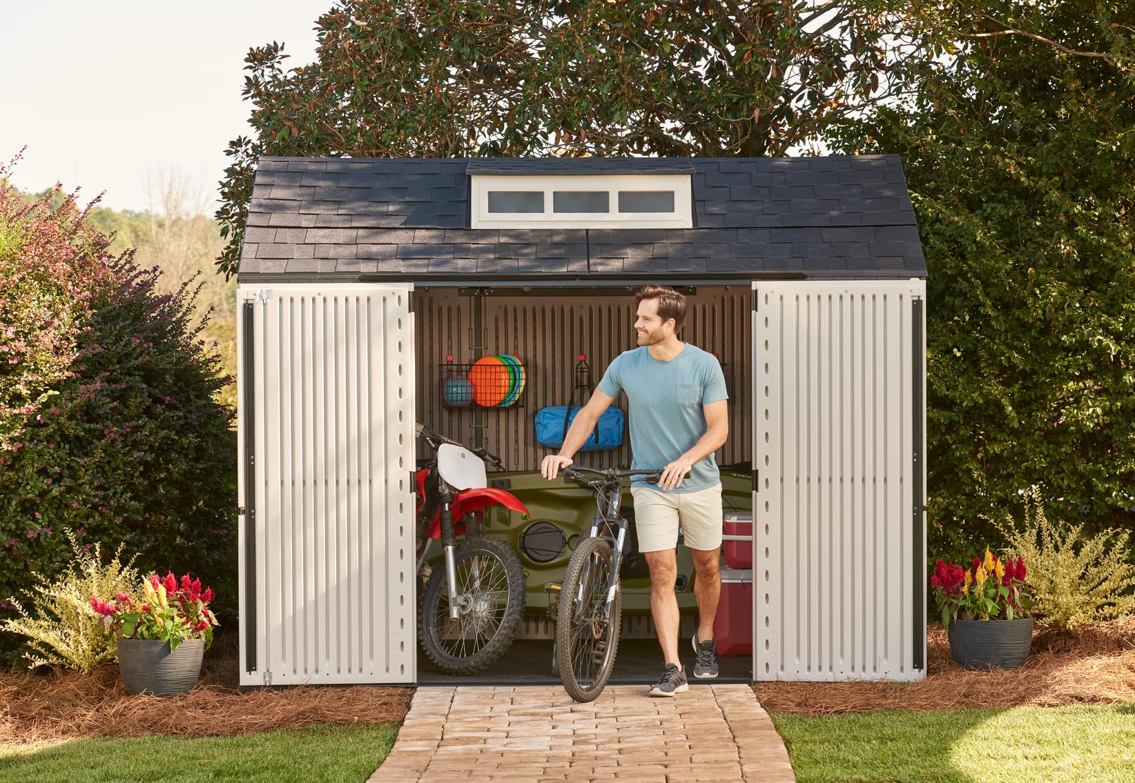 Rubbermaid Extra Large Resin Outdoor Storage Shed With Floor (7 x 10.5 Ft.) Weather Resistant Brown Organization for Home/Lawn Mower/Backyard Equipment/Bike Storage/Pool Supplies - Image 18