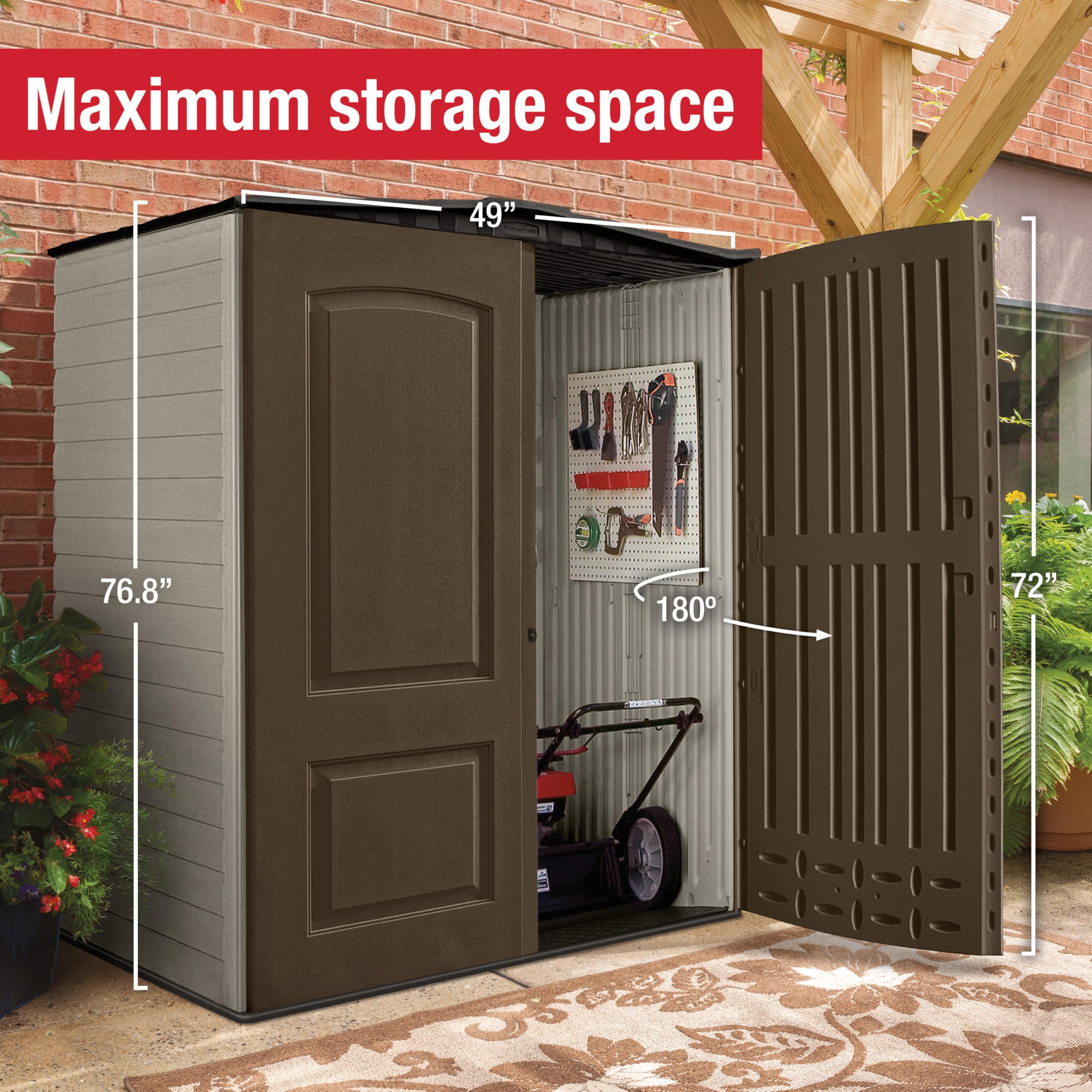 Rubbermaid Medium Vertical Resin Outdoor Storage Shed With Floor (5 x 4 Ft), Weather Resistant, Brown, Organization for Home/Backyard/Pool/Garden/Lawn Tools - Image 4