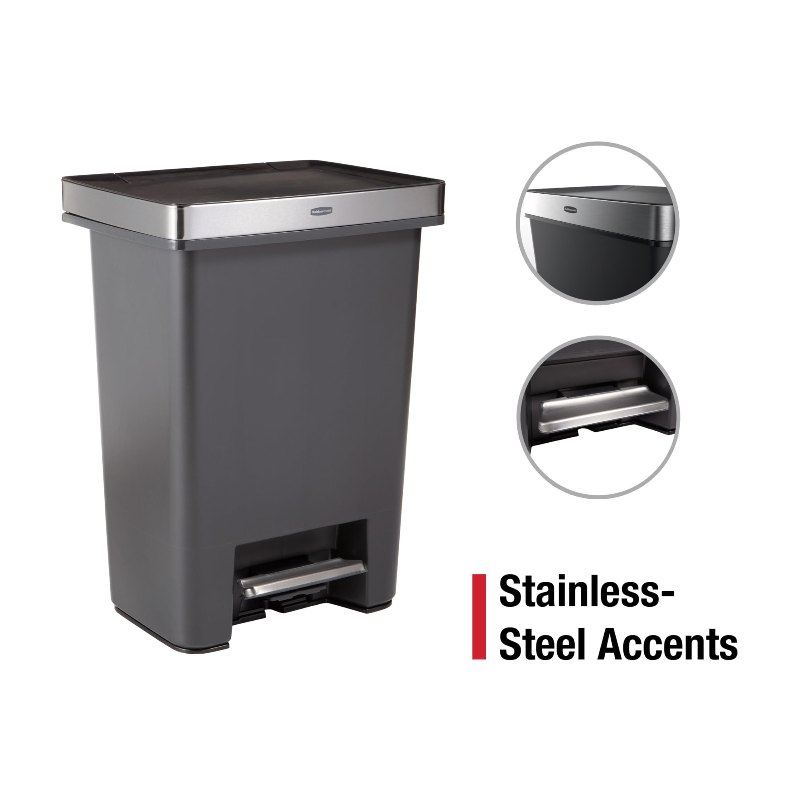 Rubbermaid Premier High-Capacity Step-On Trash Can, 19 Gallon, Single or Dual Stream Trash or Recycling, Charcoal, Stainless-Steel Rim, Lid Lock, Quiet Lid, for Home/Kitchen/Garage/Apartment - Image 7