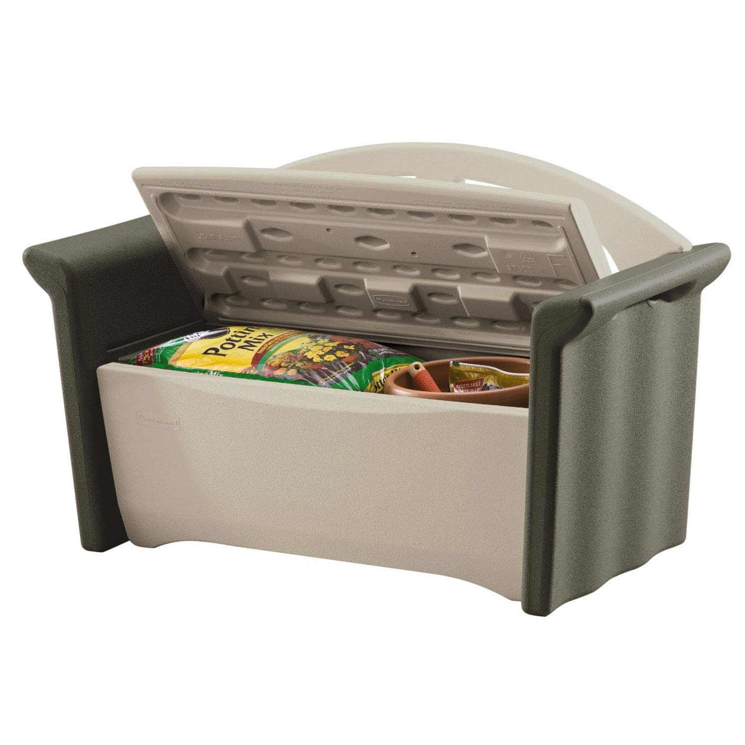 Rubbermaid Resin Outdoor Storage Bench (32 Gal), Weather Resistant, Brown/Grey, Deck Organization for Home/Backyard/Pool Chemicals/Toys/Garden Tools/Porch/Patio Cushions - Image 5