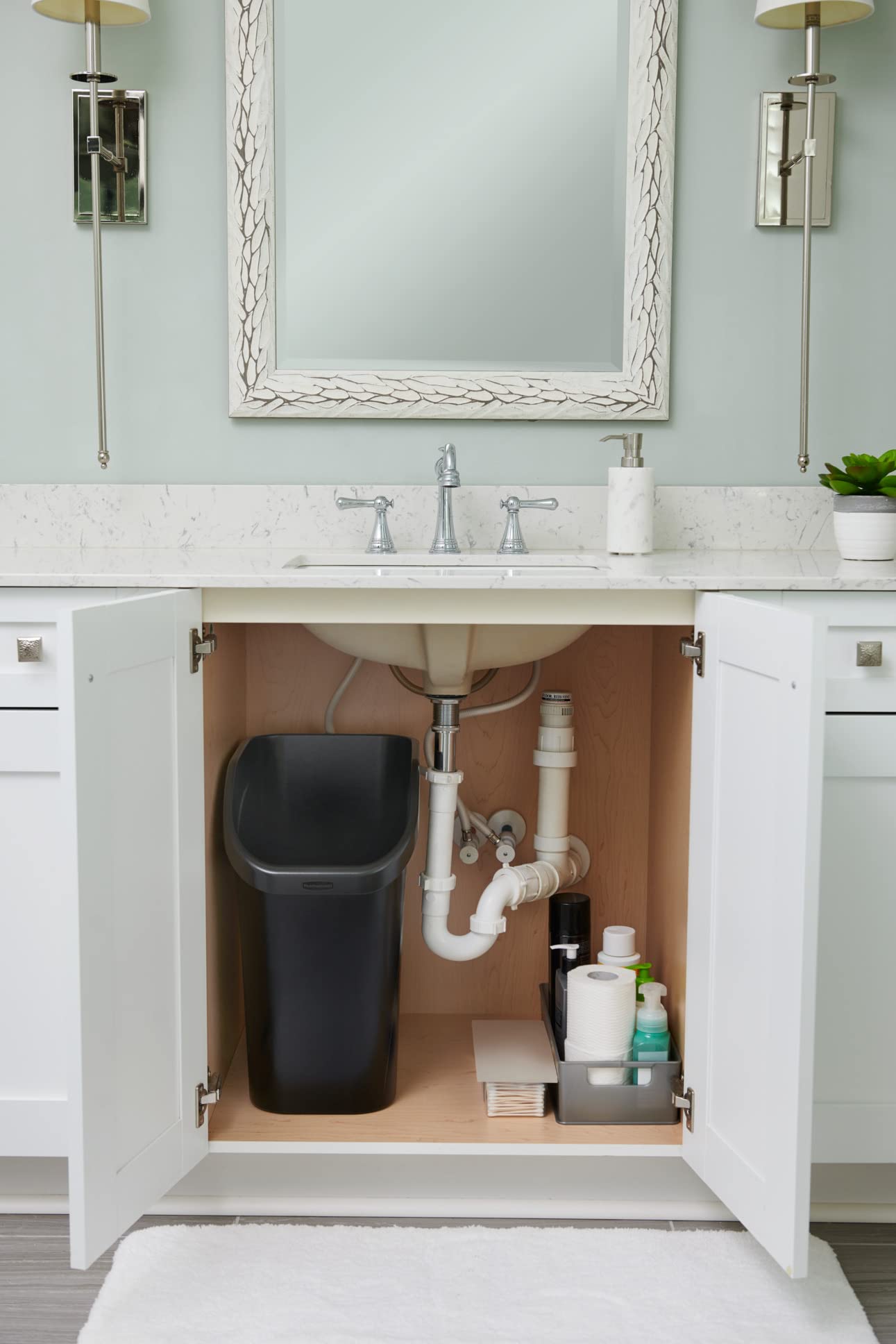 Rubbermaid Undercounter Small Trash Can, 2 Pack Blue and Black for Recycling/Waste, 9.4-Gallon, Fits under Sink/Desk/Cabinet for use in Kitchen/Bathroom/Office - Image 9