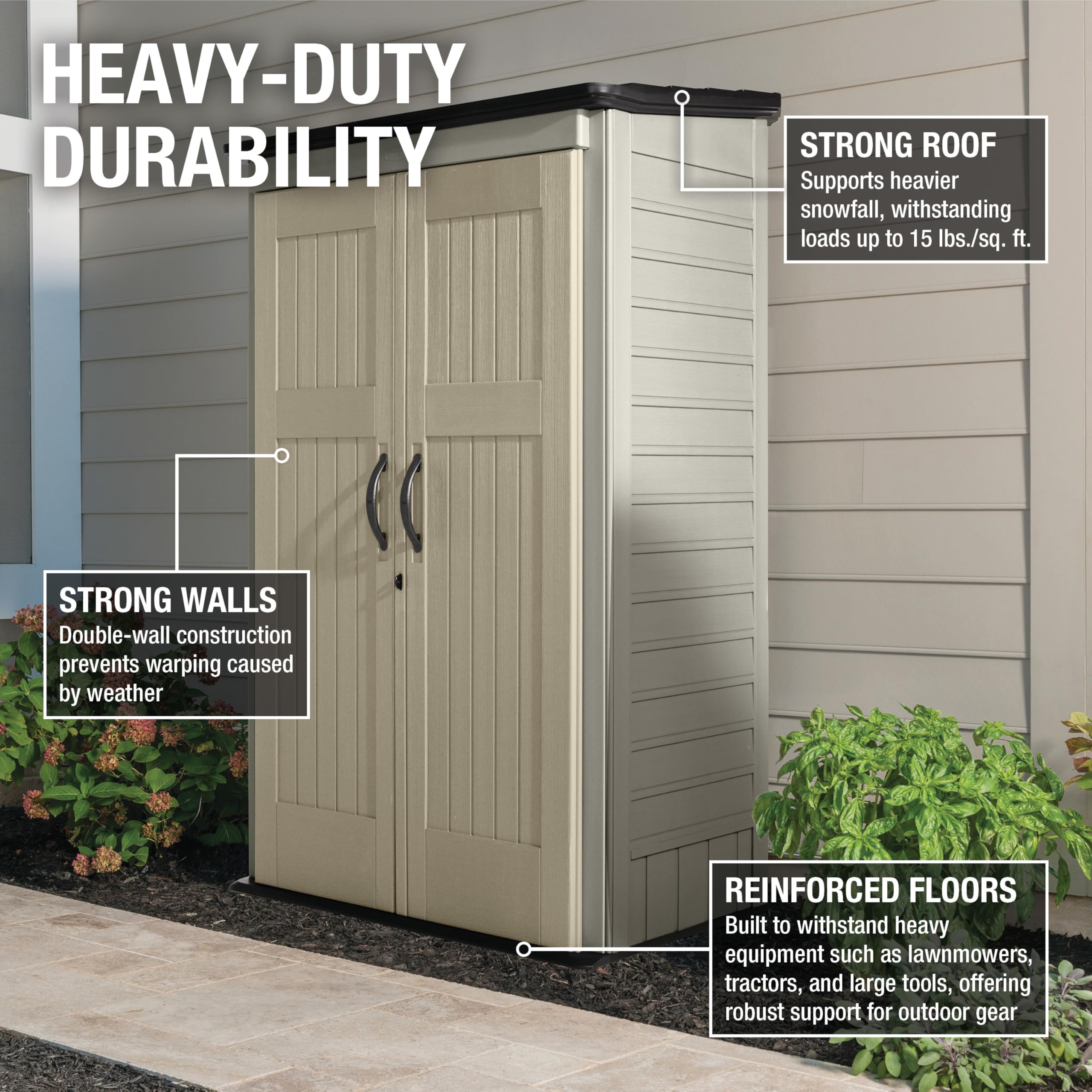 Rubbermaid Vertical Resin Outdoor Storage Shed With Floor (4 x 2.5 Ft) Weather Resistant Beige/Brown Organization for Home/Backyard/Pool Chemicals/Toys/Garden Tools/Porch/Patio Cushions - Image 3