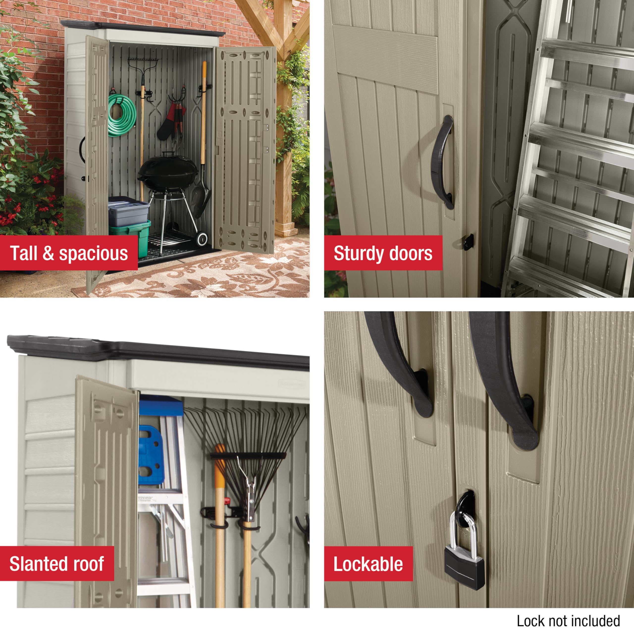 Rubbermaid Vertical Resin Outdoor Storage Shed With Floor (4 x 2.5 Ft) Weather Resistant Beige/Brown Organization for Home/Backyard/Pool Chemicals/Toys/Garden Tools/Porch/Patio Cushions - Image 6